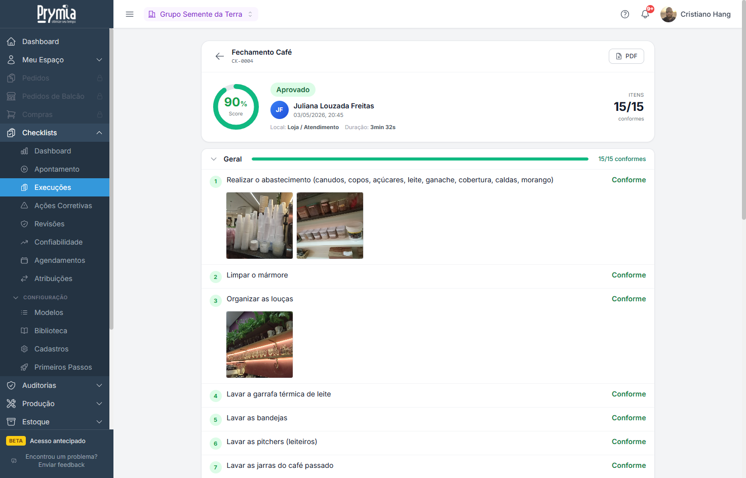 Detalhe da execução de um checklist com respostas, fotos, horários e responsável