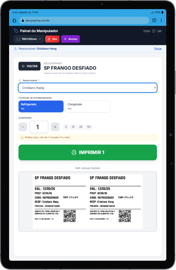 Painel do manipulador: itens em botões grandes para uso em tablet na bancada