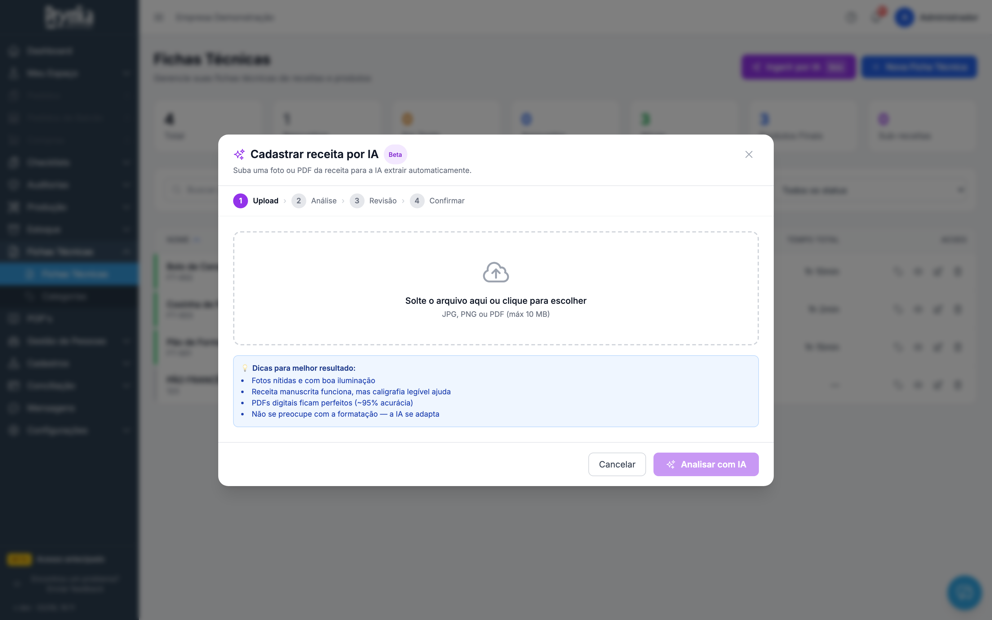 Modal de cadastro de receita por IA, com as etapas de upload, análise, revisão e confirmação